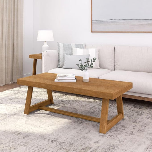 Plank+Beam Classic Rectangular Coffee Table, 54 Inch Farmhouse Coffee Table, Center Table, Small Living Space Tea Table, Pecan Wirebrush