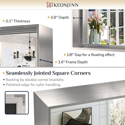Keonjinn Brushed Nickel Bathroom Mirror 60 x 40 in Rectangle Frame Mirror for Over Sink, Rectangular Metal Framed Vanity Mirror Square Corner Aluminum Alloy Modern Silver Mirror(Horizontal/Vertical)
