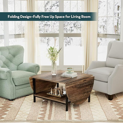 SAYGOER Folding Coffee Table for Living Room, Small Coffee Tables with 2-Tier Storage, Mid Century Modern Center Table for Small Space, Farmhouse Table Square, Dark Brown