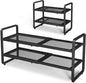 Shoe Rack - Expandable Shoe Organizer for Closet, Adjustable Metal Shoe Shelf Storage, 2 Tier Stackable Long Shoe Stand Holder for Garage, Entryway, Door Entrance, Black
