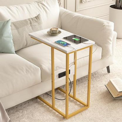 VECELO C Shaped End Side Table with Charging Station & Power Outlets for Couch Sofa/Bed Snack TV Tray with Metal Frame for Living Room Bedroom 2 Set, Gold