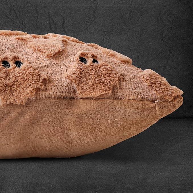 4TH Emotion Halloween Ghost Decorative Pillow Covers 18x18 Set of 2, Light Brown Soft Plush Faux Fur Farmhouse Throw Cushion Cases for Fall Autumn Holiday Home Decorations