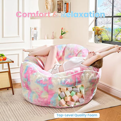 Giant Bean Bag Chair, Faux Fur Adult Chair with Petal Armrest Oversize Colorful Chair for Bedroom, Living Room, Dorm, Game - Rainbow, X-Large, High Support