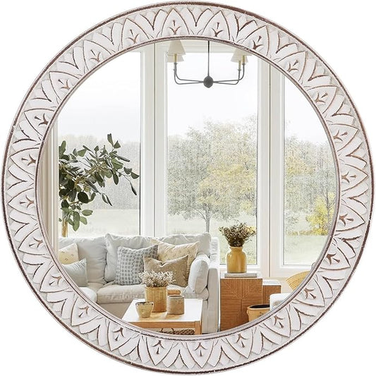Mirror Round Wood 36 Inch Farmhouse Wood Frame Round Mirror Rustic Large Decorative Wall Mount Bathroom Mirror Antique Hanging Mirror for Living Room, Bedroom, Entryway