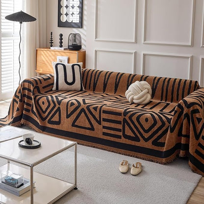 HANDONTIME Boho Geometric Couch Covers for Sofa Pet Friendly Brown and Black Sofa Covers Washable Chenille Couch Blanket Cover for 3 4 Cushion Couches Pet Protector Furniture Cover Soft, 71" X 150"