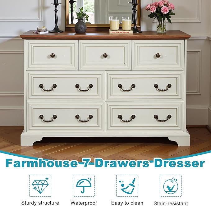 47.2" Farmhouse Sideboard Buffet Cabinet with Storage, Kitchen Buffet Storage Cabinet with 7 Drawers, Modern Wood Accent Sideboard for Living Room, Kitchen, Hallway(Antique Brown+White)