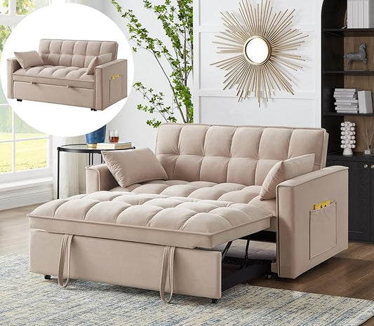 KEIKI Velvet Loveseat Convertible Sofa Bed Sleeper Chair with Adjustable Backrest, Pillows & Storage Pockets, 3 in 1 Pull-Out Couch Chaise Lounge Recliner for Living Room Balcony Bedroom, Taupe