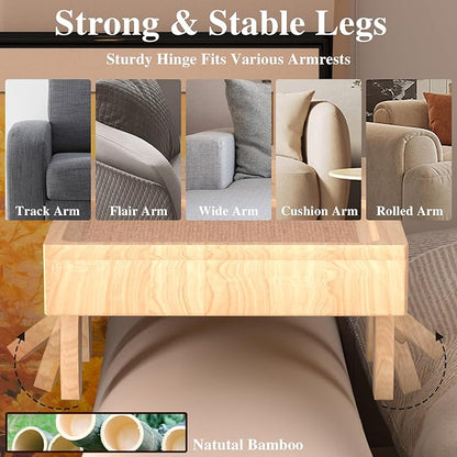 Bamboo Couch Arm Table with 2 Rotating Lids & Adjustable Phone Holder,Foldable Couch Arm Tray,Non-Slip Arm Rest Table Clip for Couch Pillow,Sofa Arm Tray for Snacks,Drinks or Dining