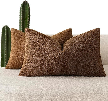 Foindtower Pack of 2 Textured Boucle Throw Pillow Covers Accent Solid Decorative Lumbar Pillow Cases Cozy Couch Cushion Case for Chair Sofa Bedroom Living Room Home Decor 12x20 Inch Hazel Brown