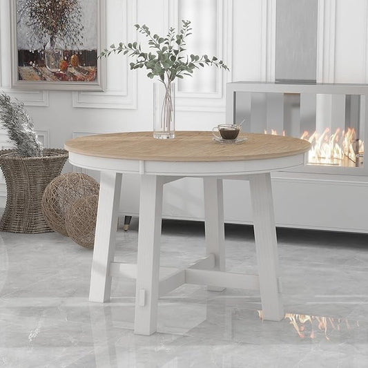 Farmhouse Round Dining Table for 4, Extendable Circle to Oval Wooden Tabletop for 6 with 16" Removable Leaf, X-Shape Trestle Base for Home, Kitchen, Dining/Living Room, Apartment