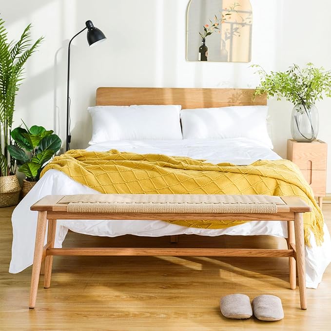 OOKSEN Entryway Bench, Solid Wood Dining Bench, 31.5" Wooden End of Bed Benches, Midcentury Modern Bedroom Benches Stool with Hand-Woven Rope for Kitchen Living Room Hallway