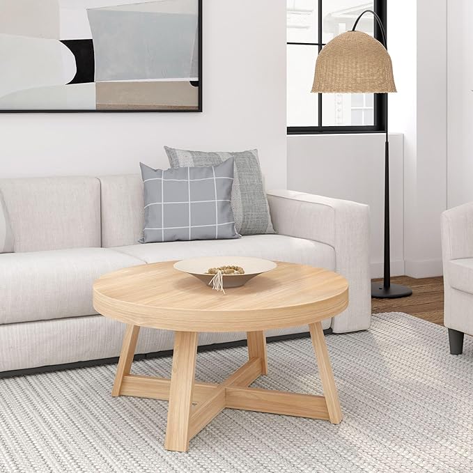 Plank+Beam Classic Round Coffee Table, 36 Inch Farmhouse Coffee Table, Rustic Mini Center Tables for Small Spaces, Small Living Space Tea Table, Blonde Wirebrush