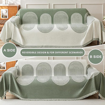 STACYPIK Green Geometric Couch Cover Boho Sofa Cover for Sectional Non-Silp Sofa Covers for Dogs Reversible Beige Couch Cover Loveseat Cover L Shaped Furniture Protector for 3 Cushion Couch-71X134IN