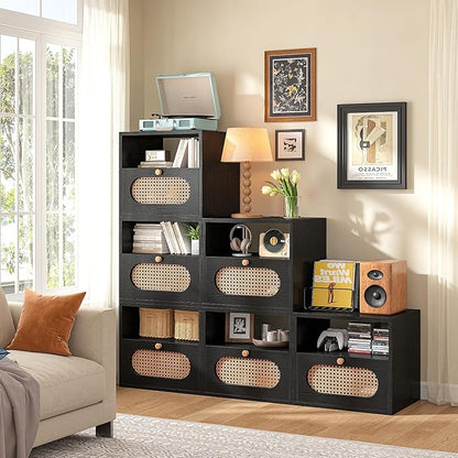 3-in-1 Modular TV Stand with Rattan Doors, DIY Media Console Boho Entertainment Center Modern TV Cabinet with Open Shelves,Black