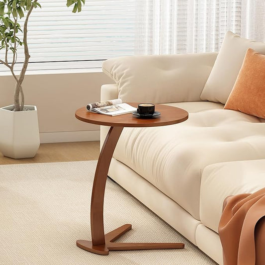 Wood Round Side Table: 17 '' Modern C Shaped End Table Nightstand with Natural Solid Wood, Small Bedside Table for Living Room, Bedroom, Farmhouse, Small Spaces (Large)