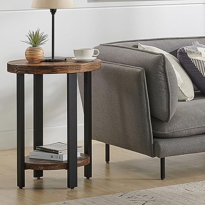 Pomona 20 in. Round End Table with 2 Shelves, Solid Wood Top, Metal Legs, Rustic Natural Brown Finish - Living Room Furniture