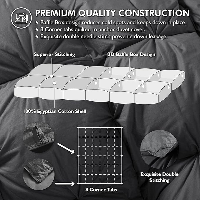 Luxurious All-Season Goose Down Feather Fiber Comforter Super King Size Duvet Insert (120x120), Exquisite Pinch Pleat Design- Gray, Premium Baffle Box, 100% Egyptian Cotton Cover, 85 oz. Fill Weight