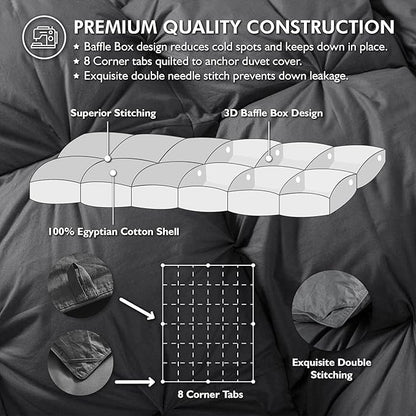 Luxurious All-Season Goose Down Feather Fiber Comforter Super King Size Duvet Insert (120x120), Exquisite Pinch Pleat Design- Gray, Premium Baffle Box, 100% Egyptian Cotton Cover, 85 oz. Fill Weight