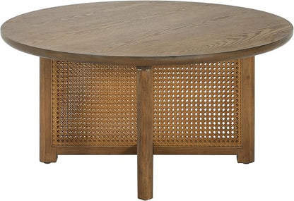 Christopher Knight Home Kiaya Round Coffee Table with PE Woven Design, Wood Coffee Tables for Living Room, Stylish Indoor Round Table, Easy Assembly, Versatile Living Room Furniture, Natural Brown