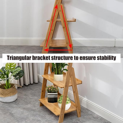 Maydear Bamboo Ladder Shelf Bookcase, 5-Tier Leaning Bookshelf Free Standing Organizer Storage Shelves for Living Room, Bedroom, Kitchen, Home Office, Balcony, Natural Wood