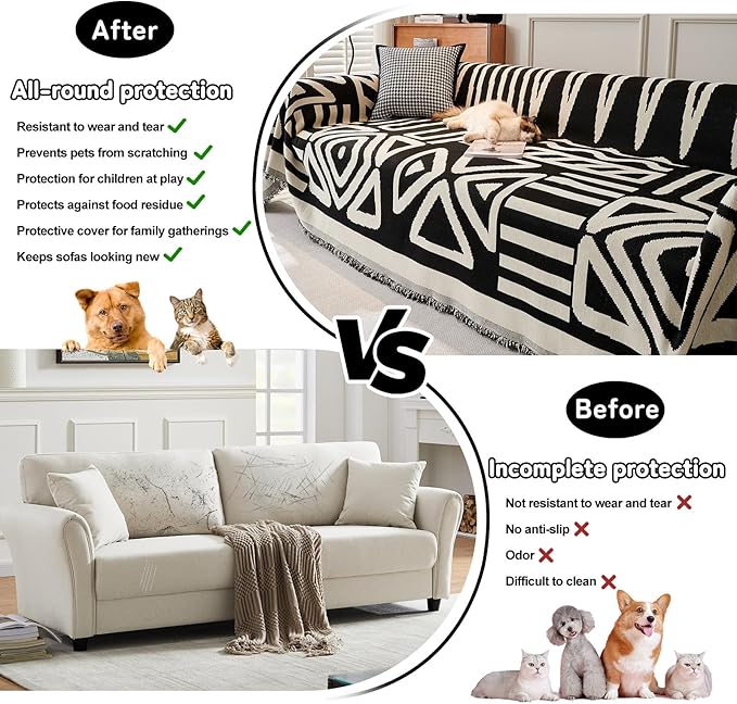 HANDONTIME Armchair Boho Sofa Covers for Dogs Black Couch Sofa Covers for Chair Recliner Beige Chenille Sofa Slipcover Couch Covers for Sectional Sofa Pets Protector Furniture Covers, 71" X102"