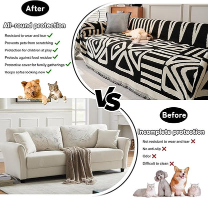HANDONTIME Armchair Boho Sofa Covers for Dogs Black Couch Sofa Covers for Chair Recliner Beige Chenille Sofa Slipcover Couch Covers for Sectional Sofa Pets Protector Furniture Covers, 71" X102"