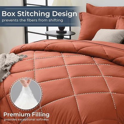HEVUMYI Burnt Orange Twin Comforter Set - 5-Piece All Season Bed in a Bag Twin, Ultra Soft Bedding Set with Comforter, Flat Sheet, Fitted Sheet, Pillowcases, Pillow Shams