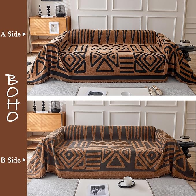 HANDONTIME Boho Geometric Couch Covers for Sofa Pet Friendly Brown and Black Sofa Covers Washable Chenille Couch Blanket Cover for 3 4 Cushion Couches Pet Protector Furniture Cover Soft, 71" X 150"