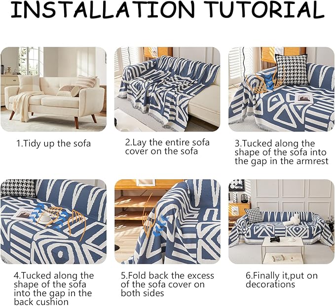 HANDONTIME Boho Couch Covers for Sofa Chenille Sofa Covers Washable Sectional Sofa Cover Blanket Geometric Reversible Couch Cover for L Shaped Couch Couch Protector for Dogs, 91" X150", Denim Blue