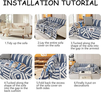 HANDONTIME Boho Chenille Sofa Cover - Denim Blue Reversible Blanket for L Shaped Sectional Couch - Geometric Protector for Dogs, 59" X 71"