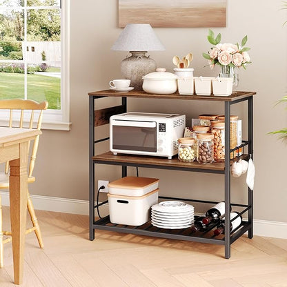 HOOBRO Kitchen Island with Storage, Kitchen Island Table with Power Outlet, 47.2" L 3 Tier Coffee Station and Microwave Stand, for Home, Kitchen and Dining Room, Rustic Brown and Black BF120UZD01