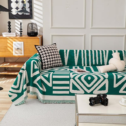 HANDONTIME Couch Cover Boho Sofa Covers Washable Forest Green Dog Covers for Couches Reversible Couch Blanket Cover Geometric L Shaped Couch Covers for 2 3 Couch Cushion Cover Dark Green, 71" X134"