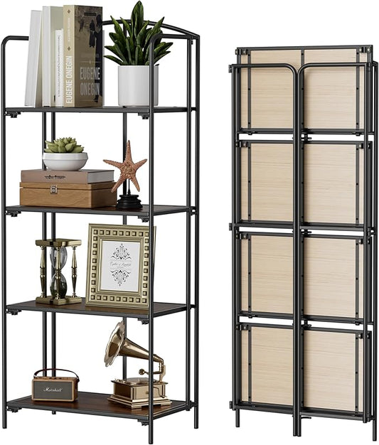 Crofy No Assembly Folding Bookshelf for Living Room, 4 Tier Black Collapsible Book Shelf for Home Office, Portable Bookcase Storage Organizer