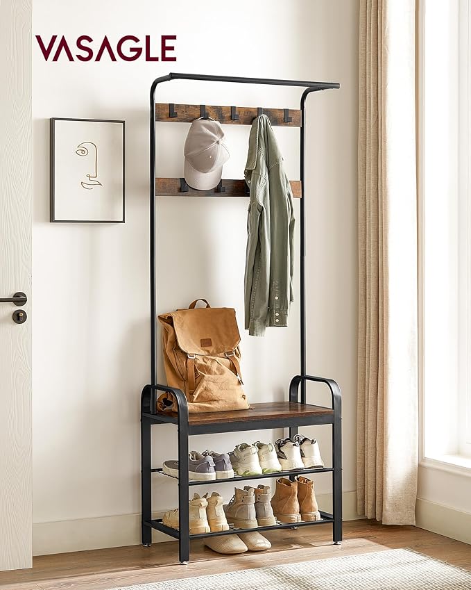 VASAGLE 5-Tier Industrial Bookshelf and 4-in-1 Entryway Coat Rack with Shoe Bench