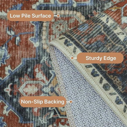 GENIMO 10x12 Area Rugs for Living Room, Machine Washable Non Slip Vintage Rugs, Low Pile Lightweight Chenille Print Rug for Bedroom, Dining Room, Home Office,Bordeaux