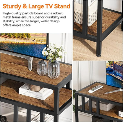 Garvee 58" TV Stand for Television up to 65 Inches, Entertainment Center with 3-Tier Open Shelves, TV Media Console Table with Quadruple-Tube Support for Living Room, Entryway, Rustic Brown