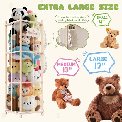 Stuffed Animal Storage & Organizer, 54 inch Tall Wooden Cute Zoo Toy Holder w/Building Block Storage Bag, Premium Wooden Material with Elastic Cord For Toddler Rooms, Playrooms & Bedrooms