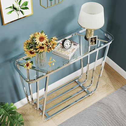 OIOG Glass Console Table for Entryway, Modern Entrance Table with Tempered Glass & Chrome Frame, Silver Sofa Table for Living Room Hallway