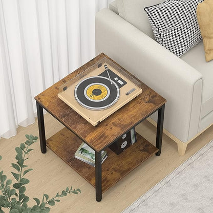 Homieasy Side Table 20 Inch Square, 2-Tier Coffee Tea End Table Nightstands for Sofa Couch Bed, Metal Wood Accent Modern Simple Industrial Style Side Table for Living Room Bedroom, Rustic Brown