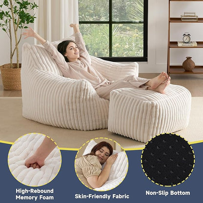 Giant Bean Bag Chairs for Adults, Oversized Chaise Lounge Chair Indoor with Memory Foam - Plush Boneless Lounger & Ottoman for Bedroom, Living Room, Gaming & Reading, Lazy Floor Sofa Chair, Beige