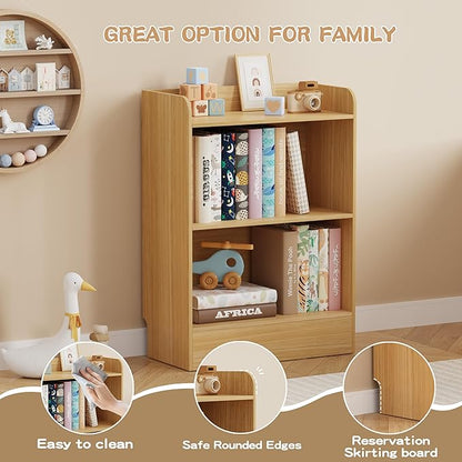 Lkeiyay Kids Bookshelf and Toy Storage Organizer, 3-Tier Wood Montessori Shelf for Bedroom, Playroom, Nursery, Classroom (Natural)