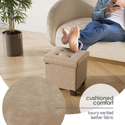 STORAGEBUD Storage Ottoman Cube with Small Bin, 16-in Square Ottoman with Storage for Living Room and Bedroom, Small Ottomans Foot Rest, Faux Leather Foot Stools Ottomans Max 330lbs, Taupe