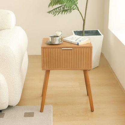 Fluted Nightstand, Small Bedside Table with Storage Drawer, Accent End Table Living Room for Bedroom and Small Space, Brown