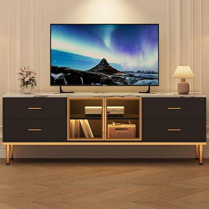 Garvee LED Lighted TV Stand for 55-75" TVs, Modern Entertainment Center with Drawers & Shelves, Glass Doors Living Room Furniture, Black