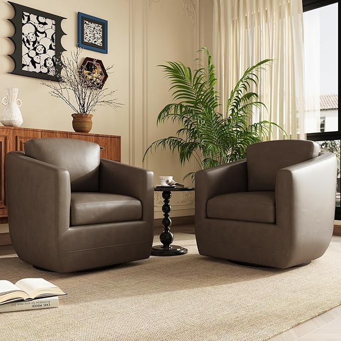 COLAMY 360° Swivel Accent Chair Set of 2 with Pillow - Comfy Living Room Armchair No-Sag Foam & Sturdy Metal Base, Fully Assembled Swivel Accent Single Sofa for Bedroom Living Room, Office, Wolf Grey