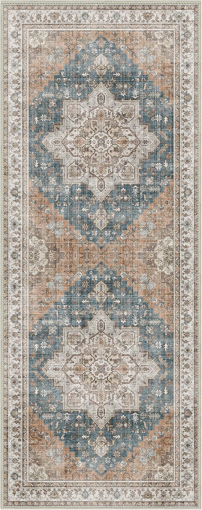 GENIMO 2x12 Runner Rugs for Hallway, Machine Washable Non Slip Vintage Rugs, Low Pile Lightweight Soft Print Rug for enrtyway, Corridor, Home Office, Kitchen, Blue Brown