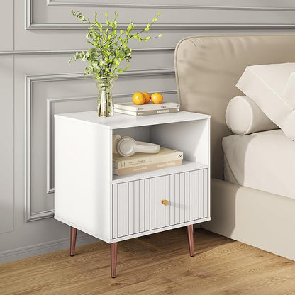 White Night Stand Set 2,Modern Bedside Table with Door and Open Storage,Fluted Nightstand and Wood End Side Table with Rose Gold Metal Legs and Handles for Bedroom,Living Room,White