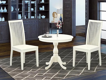 East West Furniture AMIP3-LWH-W 3 Piece Dining Room Table Set Contains a Round Kitchen Table with Pedestal and 2 Dining Chairs, 36x36 Inch, Linen White
