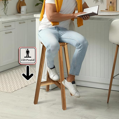 Round Stool Acacia Wood, 28" Height, 11" Round Top, Backless, Easy Assembly, Natural Wax Finish, Wooden Stool for Plant, Dining Room, Living Room, Garden, Makeup
