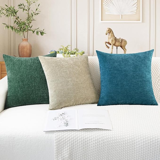 CaliTime Throw Pillow Covers Decorative 12 X 20 Inches Pack of 2 Cozy Chenille Cushion Cases for Couch Sofa Bed Living Room Home Dark Green